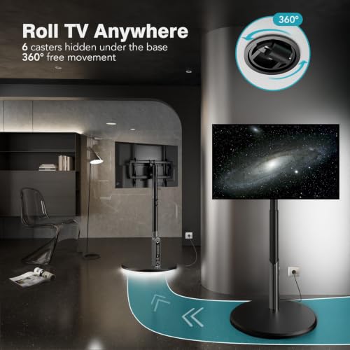 Floor Mobile TV Stand with Power Outlet, Rolling TV Cart for 27-70 Inch OLED LED Monitors, 6 Levels of Height Adjustment, Ambient Lighting on The Bottom Wheels Holds up to 88lbs, 400x400mm - color: Black