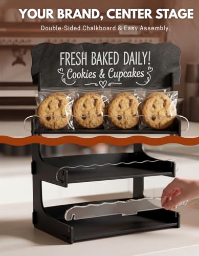 HOTCAN Cookie Display Stand for Bakers & Vendors with Acrylic Front | Wooden Dessert Stand with Chalkboard Sign for Market Booths, Craft Fairs & Events | 3 Tiered Cookie Display for Cupcakes, Muffins & Pastries (Black) - color: Black, size: 3 Tier