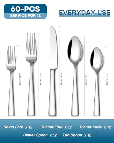 Stapava 60 Piece Silverware Set, Food-Grade Stainless Steel Flatware Sets for 12 Mirror Polished Cutlery Utensil Sets Include Dinner Knives Spoons and Forks Set Dishwasher Safe for Home Restaurant - color: Silver