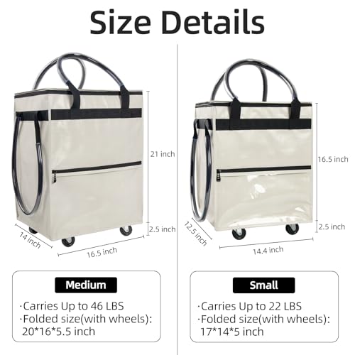 Medium Beige Reusable Grocery Bag on Wheels, Folding Rolling Tote - color: Beige, size: Medium