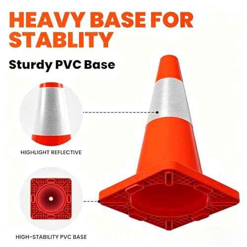 20 Pack 18" Construction Parking Cones, High Toughness Traffic Cones with Reflective Collars, PVC Parking Cones, Hazard Construction Cones for Commercial Parking Lot Management, Driveway Road Parking