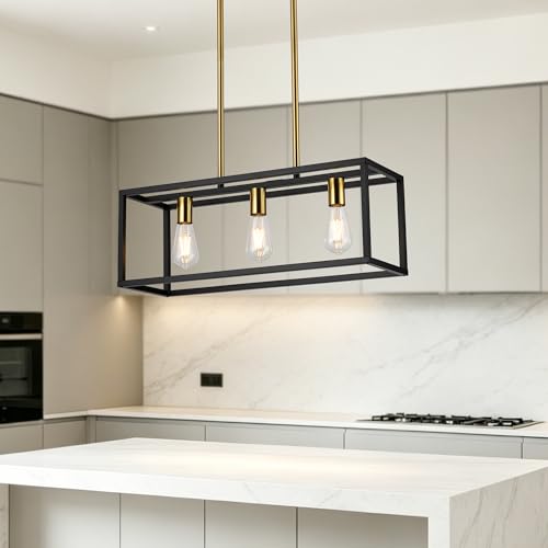 Farmhouse Kitchen Island Lighting, Modern Industrial Chandelier, 3-Light Black&Brushed Brass Linear Rectangular Pendant Light Fixtures for Farmhouse Kitchen Dining Room Bar Foyer - color: Black&Brass, size: 3 Lights