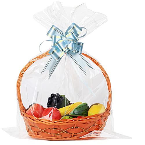 UltraOutlet 50 Packs Large Cellophane Bags 18" x 24" Clear Cellophane Gift Basket Wraps 2.3 Mil Thick Transparent Cello Bags for Fruit Basket, Gift Wrap, Treats, Arts and Crafts, 50ct Ribbon Bows - color: Clear/Light blue, size: 1 Count (Pack of 50)