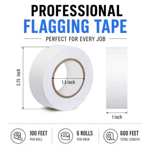 GEYYANG 6 Pack White Flagging Tape, 1in x 100ft, 3.35 Mil Thick - color: White, size: 1in X 100ft
