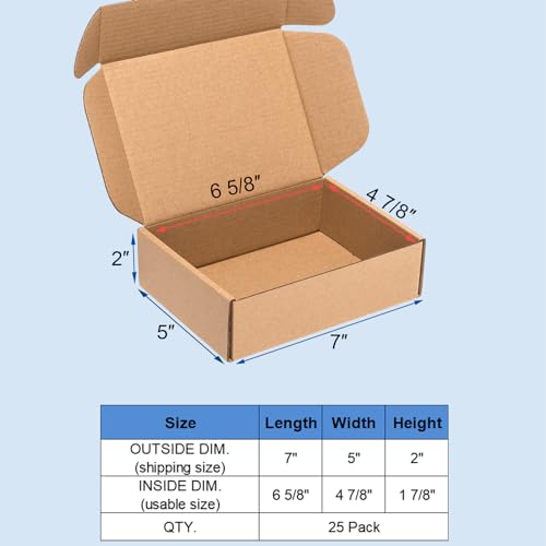 Wowxyz 7x5x2 Inches Shipping Boxes 25 Pack Corrugated Cardboard Brown Box - size: 7x5x2"