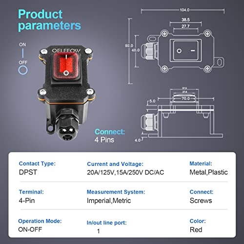 Waterproof On Off Toggle Switch with Red Light Rocker Button Inline Cord Switch DPST AC/DC 20A-125V,16A-250V,30A-24V,35A-12V, IP66 - color: Red/1 Switch/1 Outlet