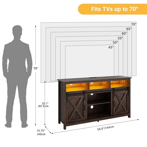 Vinctik 6&Fox 57In Wooden Farmhouse Entertainment Center for 60/65 inch TV,Double Layer Storage Farmhouse TV Stand,Double-Row Sockets with Wood Sliding Barn Door TV Stand(Double Layer Rustic Brown) - color: Rustic Brown, size: 57in
