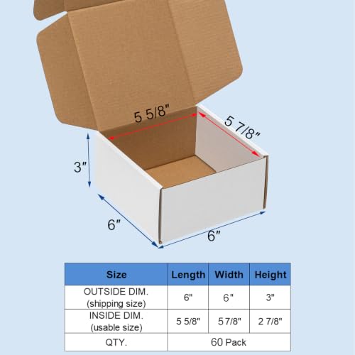 Wowxyz 6x6x3 Inches Shipping Boxes 60 Pack Corrugated Cardboard White Box - size: 6x6x3"