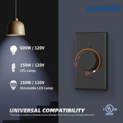 ELEGRP Rotating Dimmer Switch for Dimmable LED, CFL and Incandescent Light Lamp Bulbs, Single Pole or 3-Way Rotary Dimmer Switch, Wall Plate Included, UL Listed (1 Pack, Glossy Black) - color: Black