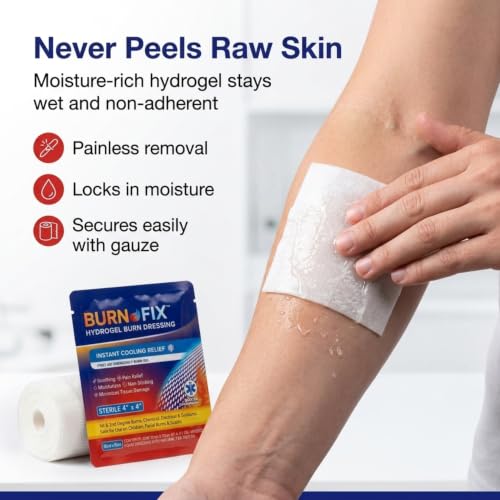 Burn-Fix- 25 Pack-Burn Gel Dressing 4 x 4" Burn Care Cream First Aid Treatment. Immediate Pain Relief Hydrogel Burn Dressing for 1st, 2nd Degree Burns, Razor & Sunburns for Home, Work, Fire, EMS - size: 1.4 Ounce (Pack Of 25)