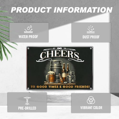 Bar Wall Sign Cheers To Good Times And Friends Vintage Metal For Home Pub Man Cave Beer Decor 12 x 8 Inch Indoor Aluminum Kitchen Art Outdoor - color: Cheers