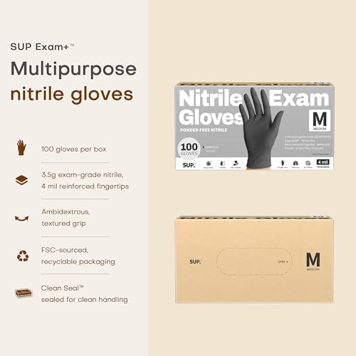 Nitrile+ SUP Exam Plus Gloves, Powder-Free Disposable, Black 100 Count - color: Medium (Iron Grey)