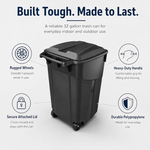 32 Gallon Outdoor Trash Can with Wheels, Heavy Duty Garbage Bin for Patio - size: 32 Gallon