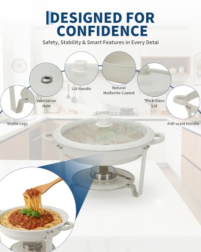 GarveeHome 5QT Round Chafing Dish Buffet Set of 4, Maifanite-Coated White Chafing Dish with Transparent Lids, Stainless Steel Commercial Food Warmers for Parties, Weddings, Restaurants & Catering - size: 5QT-4 Pack