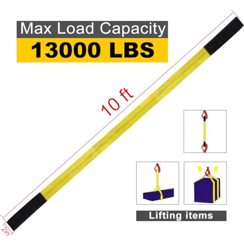 2"x10' Lift Sling Straps, 13,000 lb Load Capacity Heavy Duty Web Sling Tree Saver & Recovery Strap, Double-Layer Polyester Hoist Straps for Towing, Hoisting, Moving, UV Resistant Polyester 2-Pack - color: 10'x2" 13,000 Pound Yellow