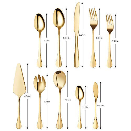 Gold Silverware Flatware Set, HF HOFTEN 45-Piece Stainless Steel Durable Cutlery Serving Set, Service for 8, Modern Elegant Design for Home/Hotel/Restaurant, Mirror Polished & Dishwasher Safe - color: HX032-45GO