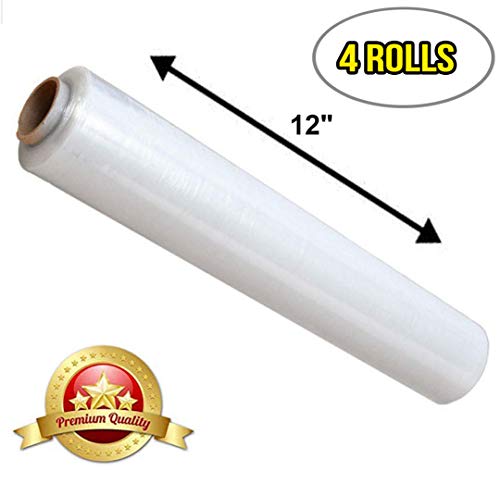 APQ 4 Rolls of Blown Hand Stretch Film 12" x 2000'. Clear Hand Stretch Wrap, 60 Gauge. Tear Resistant Residue Free Film for Moving, Shipping, Wrapping. Industrial Grade Pallet Shrink Wrap Film. - size: 12" x 2000'