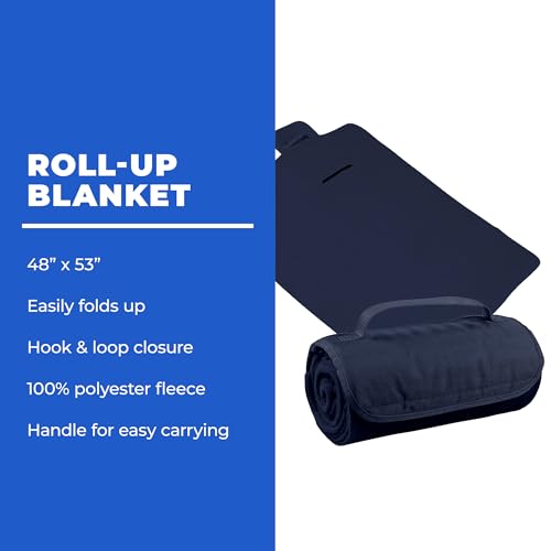 25 Ct of Roll-Up Blankets for Camping, Travel, Outdoors, Beach, Picnics – Dark Blue – Hook + Loop Closure for Easy Use in Cars & on Airplanes – Customizable for Promotions & Events - color: Dark Blue