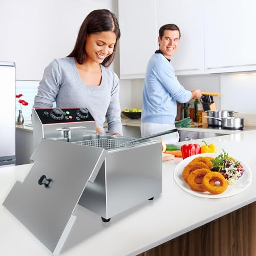 Commercial Deep Fryer with Basket, 12L Electricity Countertop Fryer Stainless Steel, 1800W Professional Food Fryer with Thermostat for Restaurant & Home, Large Capacity 12.7QT Oil Fryer, 120V - size: 6L single cylinder single screen