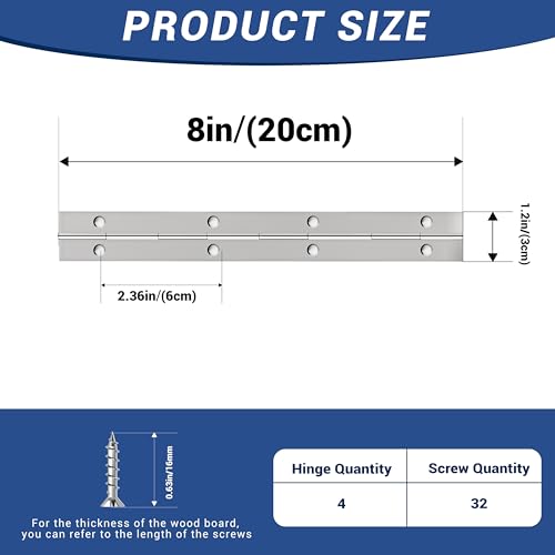 4 pcs Continuous Piano Hinges,8"x1.2",0.047 inch Leaf Thickness - size: 8 Inch