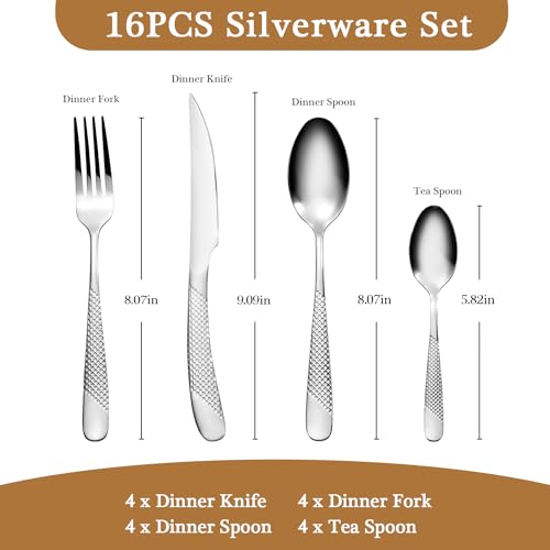 16 Piece Hammered Silverware Set for 4, Premium Food-grade Stainless Steel Flatware Set, Modern Design & Mirror Polished Cutlery Set, Eating Utensil Set Include Fork Knife Spoon Set, Dishwasher Safe - color: Star Silver 16pcs