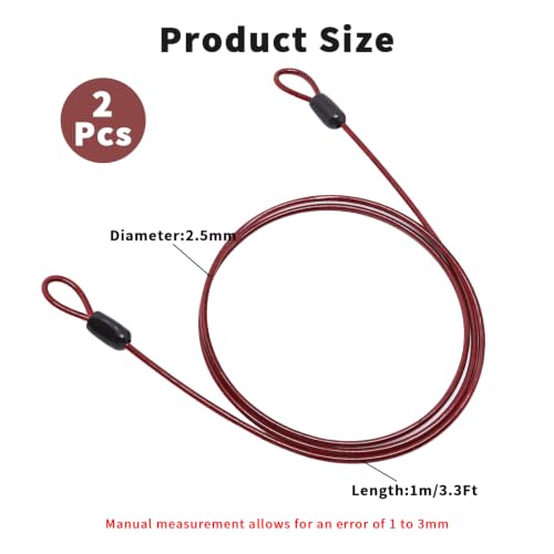 Cable Lock Double Loops 3.3Ft Long Red Security Cables, Bike Locks Cables 2.5mm Braided Steel Coated Safety Cable Wire Rope for Luggage, Outdoor, Clothesline (2 Pack) - color: Red, size: 3.3Ft (2 Pack)