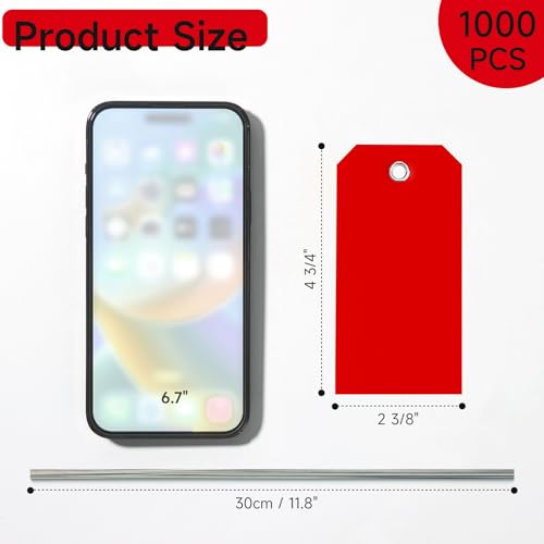 1000 Pieces Plastic Shipping Tags with Wire Labeling Tags Waterproof Hang Tags with Reinforcement Hole Writable Luggage tag Loops for Equipment Inventory Parts Garage (Red, 4 3/4" x 2 3/8") - color: Red