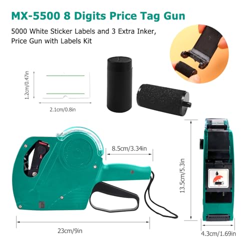 MX-5500 8 Digits Price Tag Gun with 5000 White Sticker Labels, Price Gun for Grocery Store Marking (Green) - color: Green