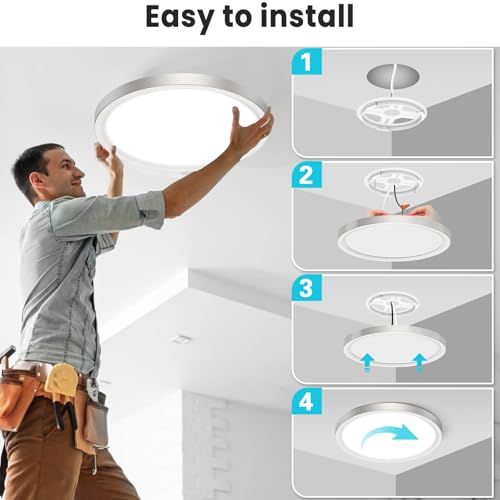 libtit 16 inch Flush Mount LED Ceiling Light Fixture, 3000K 4000K 6500K Adjustable, 36W 3600lm Brushed Nickel Satin Round Ceiling Lamp for Bathroom Shower Hallway Kitchen, 2 Pack - color: Brushed Nickel, size: 16in-2Pack