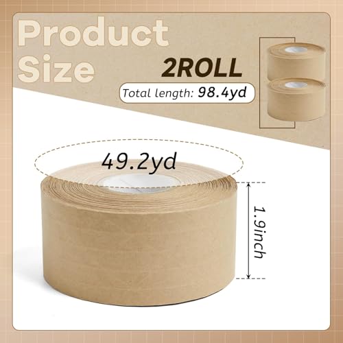 Reinforced Water Activated Gummed Kraft Paper Tape,2 Rolls 1.9 inch x 49.2 yd Brown Packing Tape,Total 98.4 yds for Heavy Duty Secure Packing and Shipping