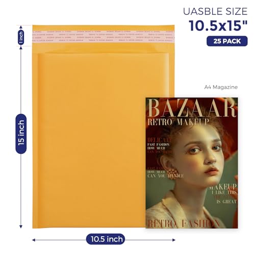 Fuxury Kraft Bubble Mailer 10.5X16" 25 Pack Padded Envelope Usable 10.5X15" - color: Yellow, size: 10.5x16" 25PC