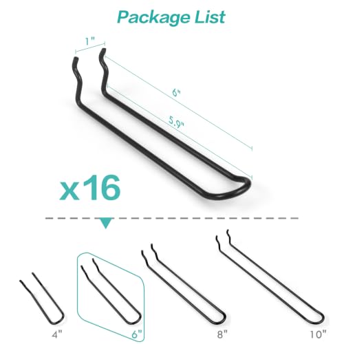 Pegboard Dual-arm Hooks - 16pcs Heavy Duty Tool Hanging Holders (Black, 6") - color: Black, size: 6 Inch