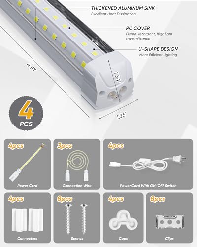 4FT 4 Pack Super Bright LED Shop Lights, 60W 9600LM 6000K Daylight - size: 9600LM-4Pack-300° Wide Beam