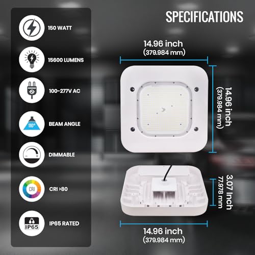 LEDMyPlace 150W LED Canopy Ceiling Light - Ultra Efficient Recessed Surface Mount Gas Station Light - High Bay Carport or Parking Garage Lamp 19500lm 5700k UL DLC Approved (150w 5700K-100-277V)