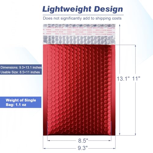Metallic Matte Red Bubble Mailers Mailing Padded Envelopes 8.5x12 Inch- Self-seal Closure Bubble Shipping Bag 25pcs - color: Red, size: 8.5x12" 25pc