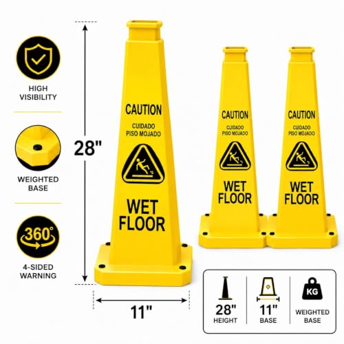 BESEA Wet Floor Sign 6 Pack, 28 Inch Heavy Duty Weighted Caution Cones - color: Yellow, size: 28INCH With Caution Sign