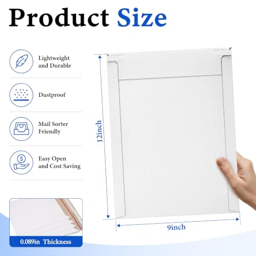 Packbabol 100 Pack White Rigid Mailers, 9"x12" Self Seal Document Mailer Stay Flat Cardboard Mailers Shipping Envelopes for Mailing Semi-Rigid and CD,Photos,Document - size: White 9"x12"-100Pc