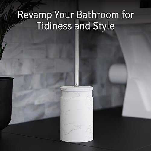 Toilet Brush and Holder Set - Toilet Bowl Brush and Holder with Sturdy Bristles for Thorough Cleaning - Concealed White Bathroom Accessories Toilet Cleaner Brush for Bathroom (Marble Look) - color: White Marble