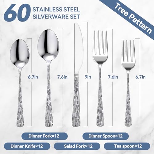 Yoehka 60Piece Hammered Silverware Set,Stainless Steel Flatware Set for 12 - style: 60Pcs Tree Pattern Handles