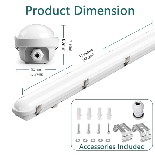 Zaltris 4FT Vapor Tight LED Lights, 60/50/40W, 3/4/5000K Adjustable, 6 Pack