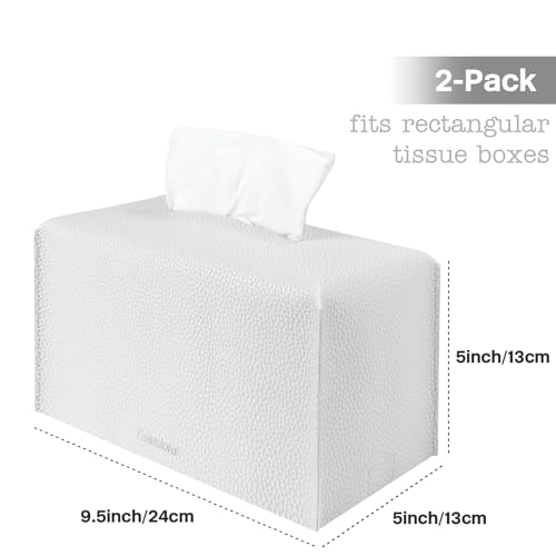 2 Pcs Rectangular Tissue Box Cover, PU Leather Tissue Holder Facial Tissue Case Dispenser for Bathroom, Vanity Countertop, Tabletop, Car, Office,9.5X5X5 Inch - White - color: Rectangle White Set of 2