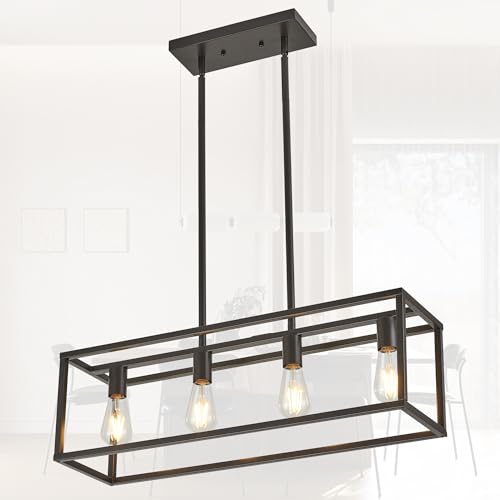 Farmhouse Rectangle Chandeliers for Dining Rooms, Modern Linear Hanging Light Fixture Matte Oil-Rubbed Bronze 4-Light Industrial Pendant Lighting for Kitchen Island - color: Oil-Rubbed Bronze, size: 4 Lights