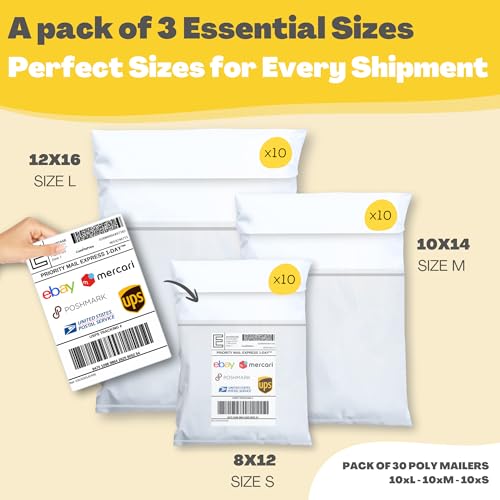 Shipping Bags (30 Pack) with Label Pouch - 8x12, 10x14 & 12x16 - Poly Mailers for Clothes, Self-Seal Plastic Mailing Envelopes - Tear & Water-Resistant Packaging Bags for Clothing, Not Padded - color: White, size: 3 Sizes 8x12 10x14 & 12x16 [WITH label po
