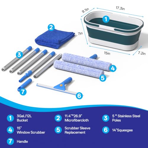 Professional Window Glass Cleaning Kit with 14" Window Squeegee & 15" Scrubber, 3 Gallon Collapsible Bucket, 76 Inch Spliced Pole Complete Glass Washing Tools for Indoor Outdoor Home Car Cleaning
