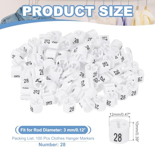 PATIKIL 100 Pcs Clothes Hanger Markers, Number 28 Tag Fit 3mm Rod Garment Size Hanger Clips Color Coding Label for Clothing Hangers, White - size: Number 28