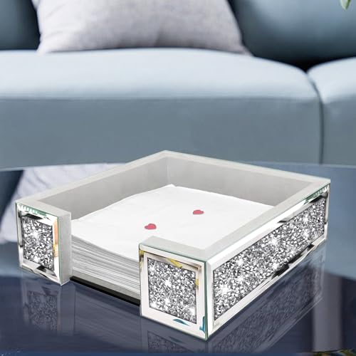 Wocred Flat Mirror Napkin Holder for Bathroom Vanity,Crystal Crushed Diamond Guest Towel Holder,Cute Napkin Tray for Kitchen,Dining table,Guest Bathroom.(8.1”X8.1”X2.6”) - size: 8.1x8.1x2.6 inch