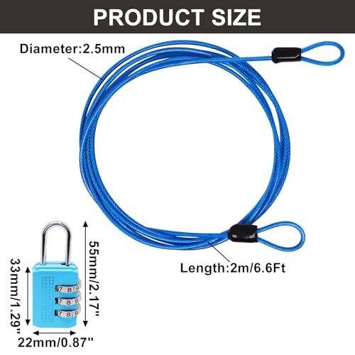 Cable Lock Double Loops 6.6Ft Long Blue Security Cables with Lock, Bike Lock Cables 2.5mm Braided Steel Coated Safety Cable Wire for Luggage, Outdoor, Clothesline (2 Pack) - color: Blue, size: 6.6Ft (2 Pack)
