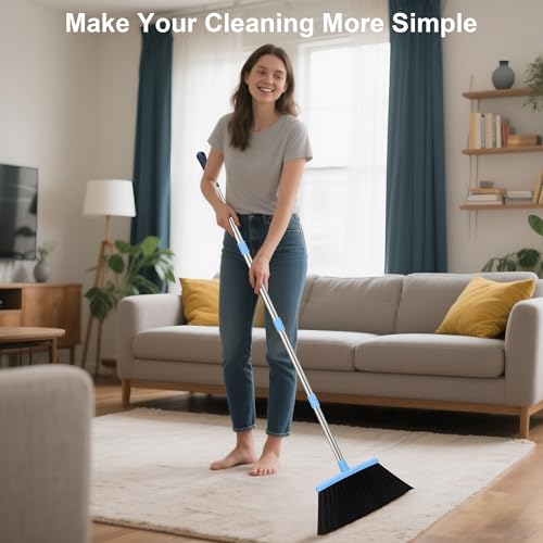 Broom and Dustpan Set 52-in Long Adjustable Handle Broom Dustpan Combo - color: Blue
