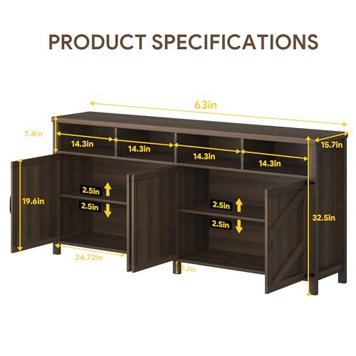 knoworld Buffet Sideboard with Storage Farmhouse, Large Kitchen Storage Cabinet Wood Coffee Bar Cabinet Buffet for Kitchen, Living Room, 63in, Brown - color: Brown, size: 63"W