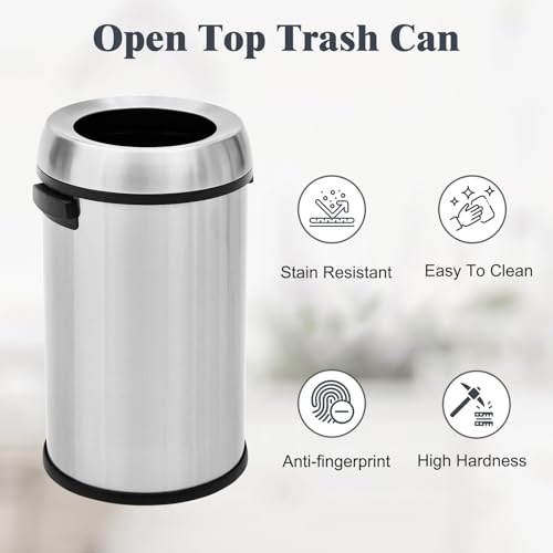 Takywep 17 Gallon/65 Liter Round Open Top Trash Can, Commercial Grade Heavy Gauge Trash Bin, Stainless Steel Garbage Can, Perfect for Kitchen, Office, School, Restaurant, Silver - color: Silver Open Top